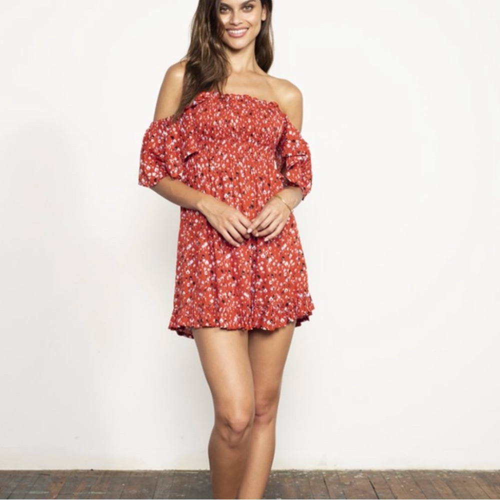 Tiare Hawaii Hendrix Red Floral Smocked Mini Dress NWT